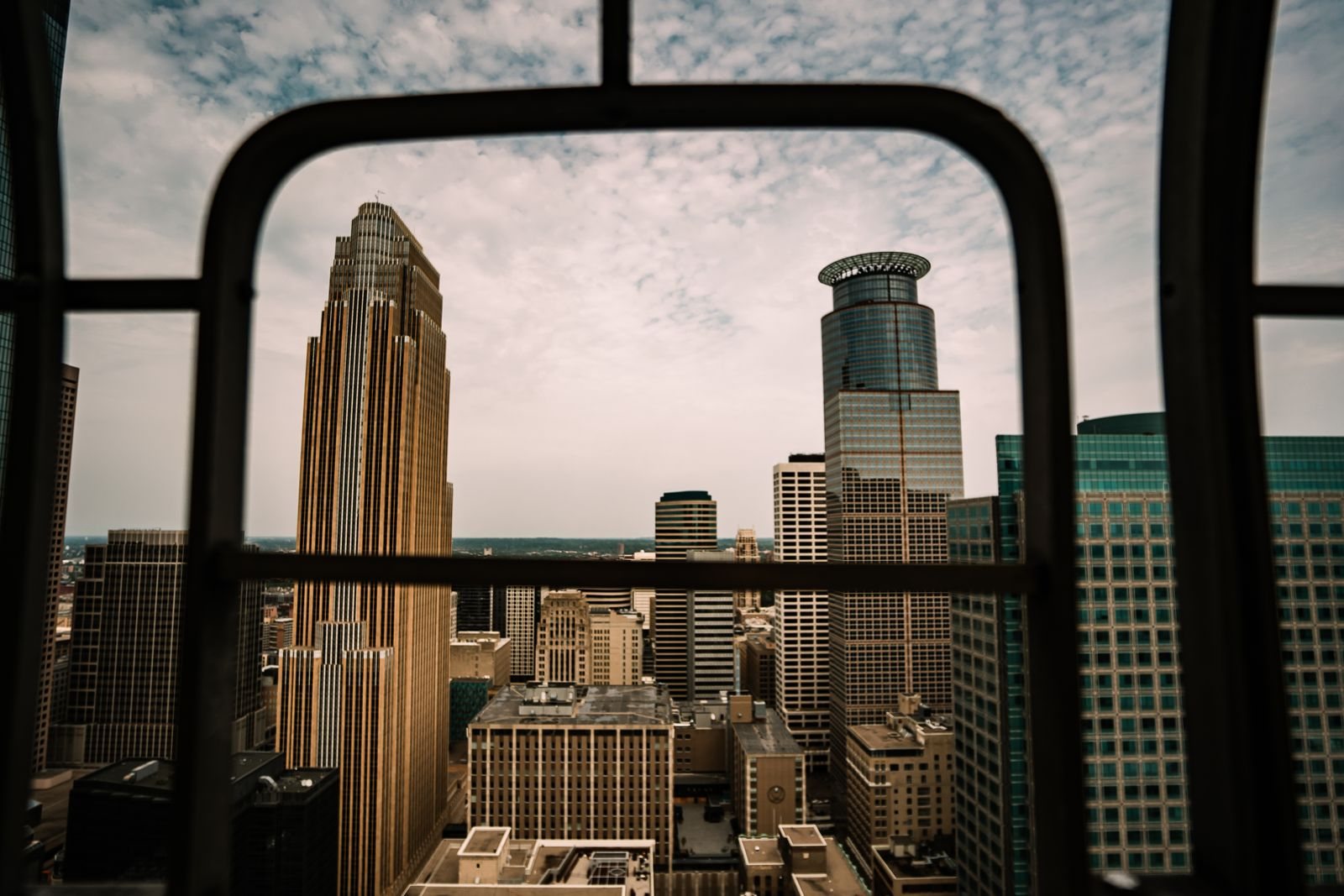 Minneapolis skyline seen through a window