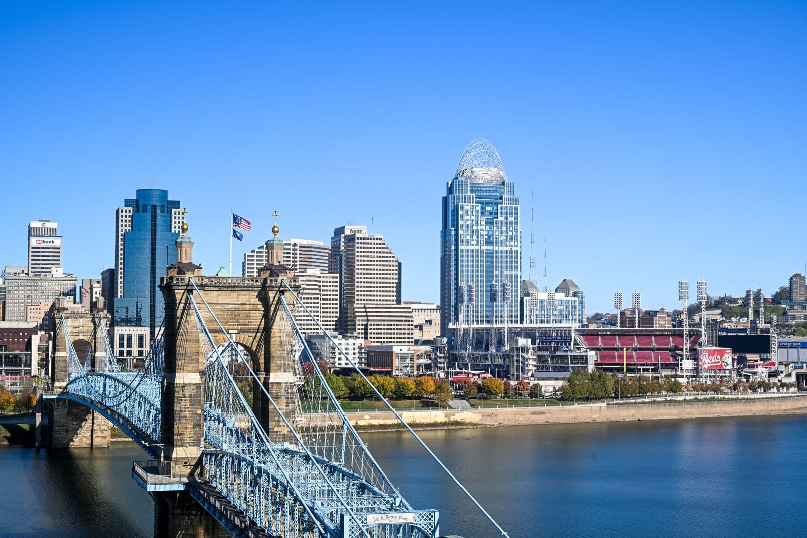 Cincinnati skyline and Roebling Suspension Bridge