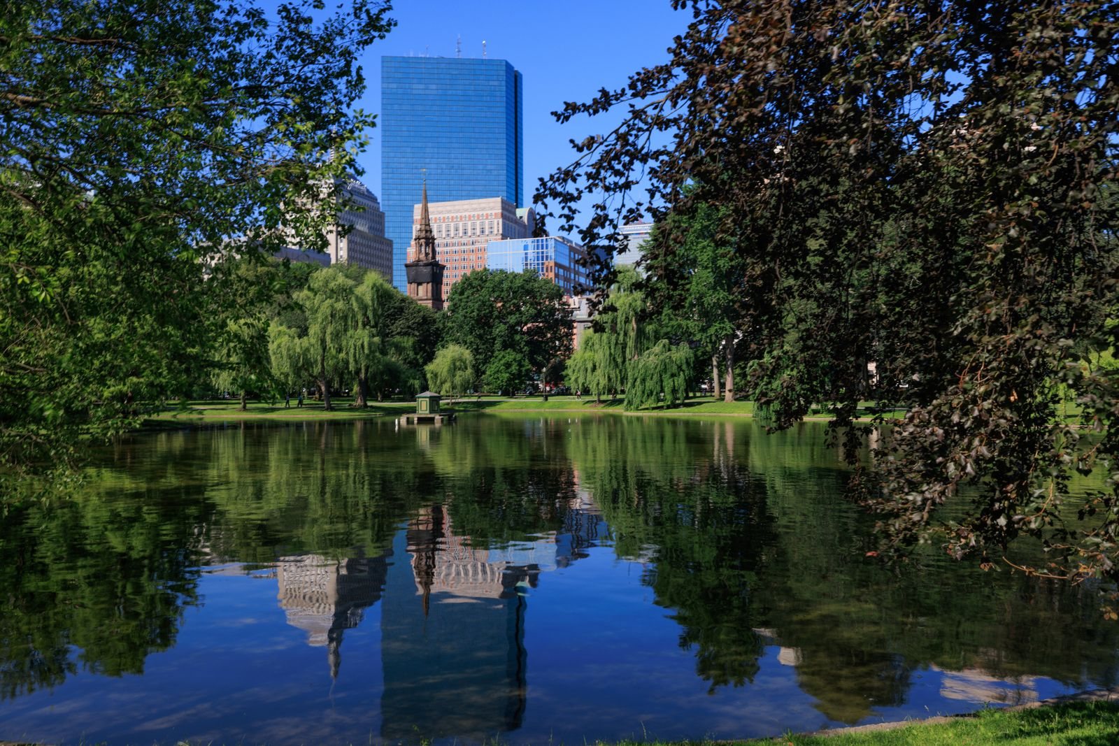 Boston skyline reflected in the Public Garden pond