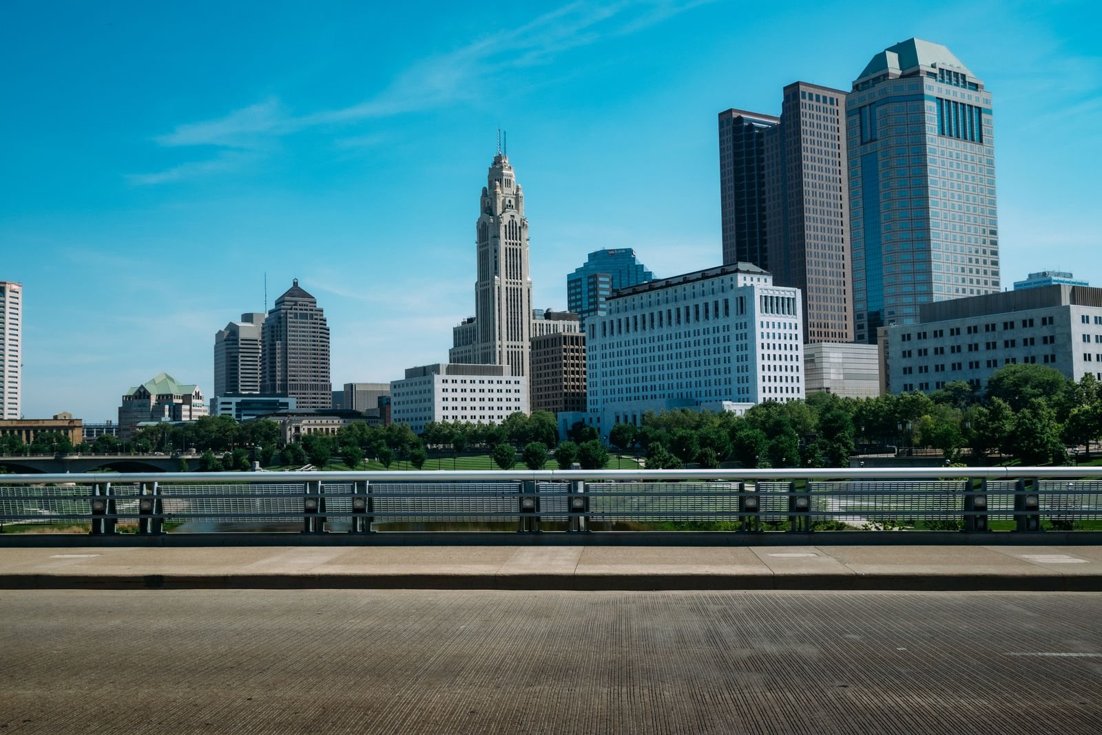 Columbus Ohio skyline under blue skies