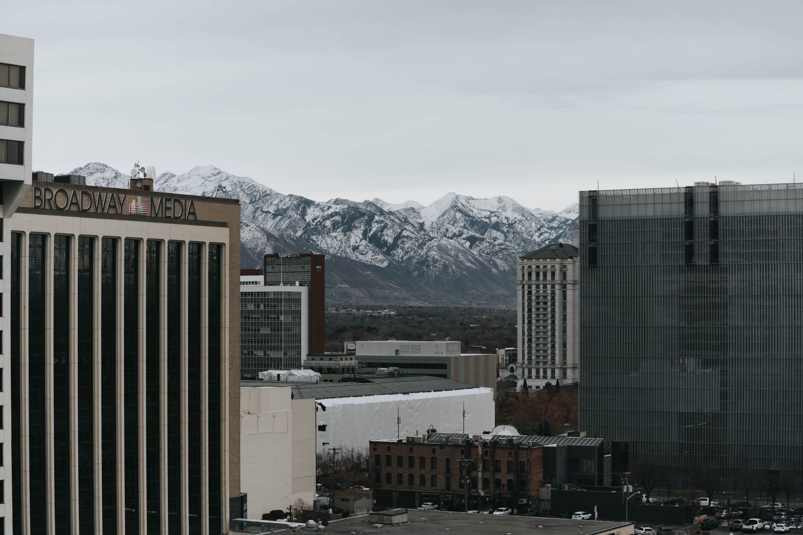 Salt Lake City skyline and snow-capped mountains