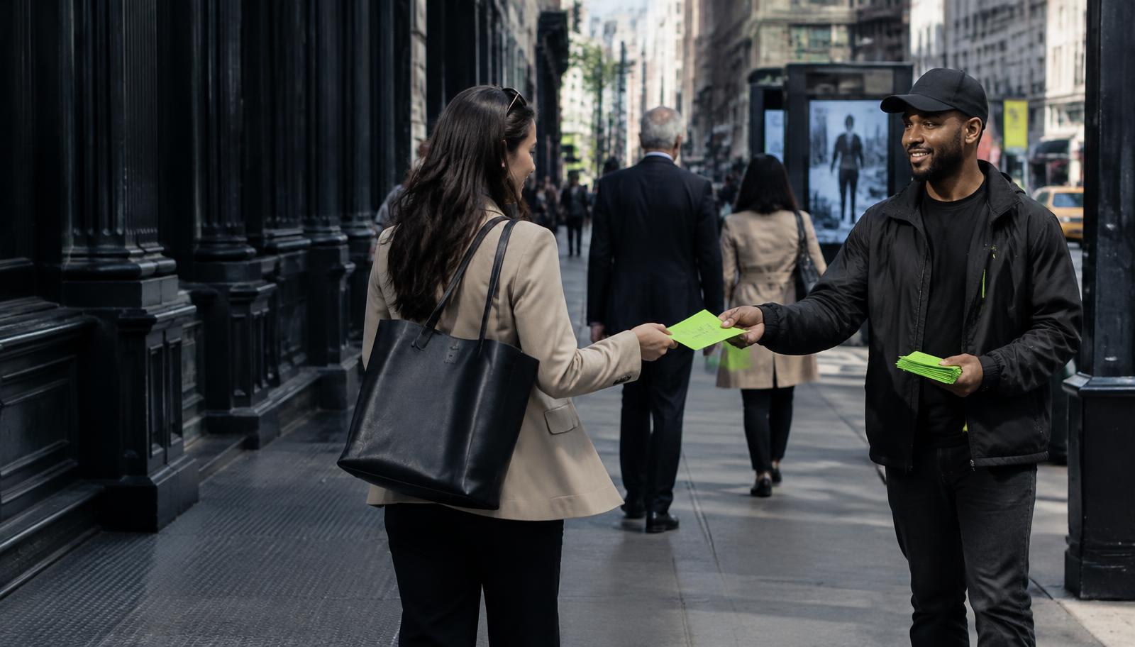 A street ambassador handing a green flyer to a passerby
